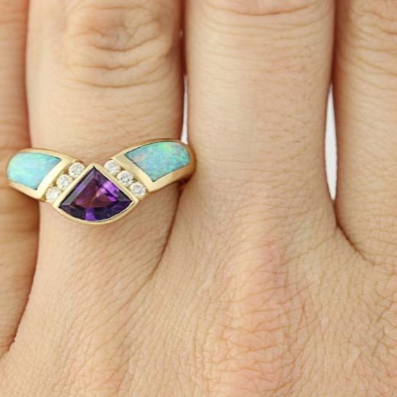 Kabana .17 Carat Diamond Amethyst Opal 14k Yellow Gold Ring  Kabana Amethyst, Opal, & Diamond Ring - 14k